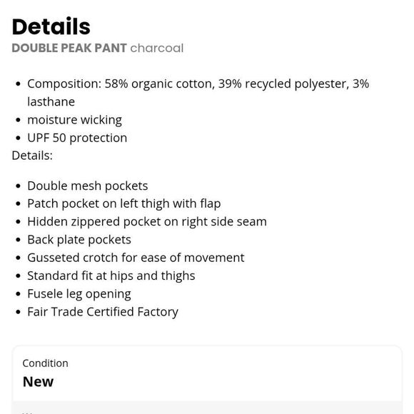 NWT Prana Double Peak Pant Charcoal Dark Grey Size 35 Waist - Picture 11 of 11